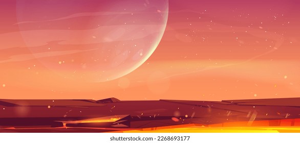 Superficie rocosa del planeta alienígena con flujo lava. Ilustración de dibujos animados de la plataforma de juego de aventura espacial con sustancia naranja caliente en cráter, luna llena sobre fondo del cielo del atardecer. Apocalipsis del terremoto