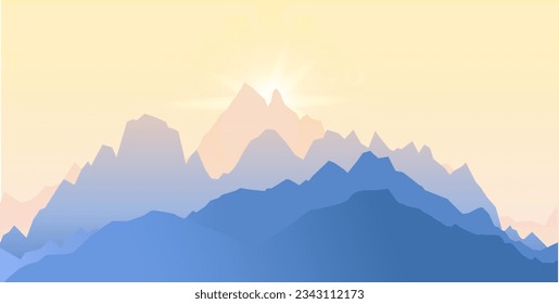 Paisaje natural de terreno rocoso para el paisaje. Montañas y sol naciente, puesta de sol. Montañas salvajes y picos alpinos.  Acampada vectorial y senderismo. Para tarjetas de visita, postales, cubiertas