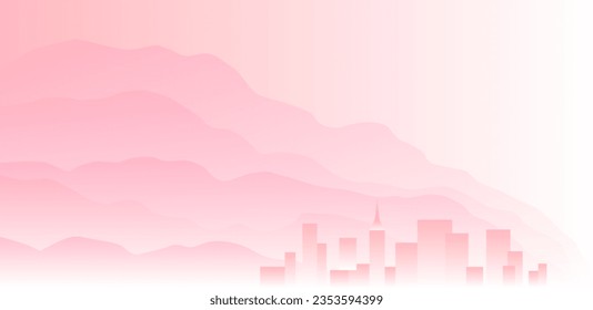 Rocky terrain  natural landscape for scenery. Mountains and rising sun, sunset. City at the foot of the mountains. Wild mountains and alpine peaks. Camping and hiking vector illustration. 