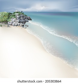 Rocky tropical beach [1] Hand drawn vector illustration picturing a panoramic view over the ocean, sandy beach, cliff, and cloudy horizon. 