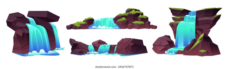 Rocky waterfalls set isolated on white background. Vector cartoon illustration of river water flowing down stone cascade, green grass growing on hill, tropical forest, jungle park design elements