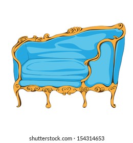 Rococo blue sofa hand drawn illustration, cartoon over a white background