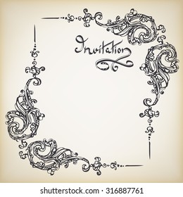 Rococo frame with a handwritten inscription INVITATION with retro ornament pattern in antique baroque style decorative design