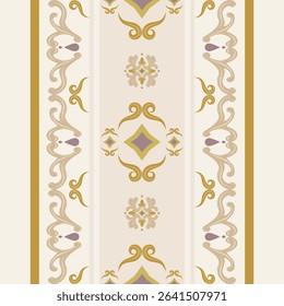 Rococo Less is More Style with Royal Abstract Scroll Ornament Gold Purple Impressive Grandiose Rich Border Pattern for Invitation Wedding Card Decoration Embroidery Textiles Fabrics Tiles Iznik Scarf
