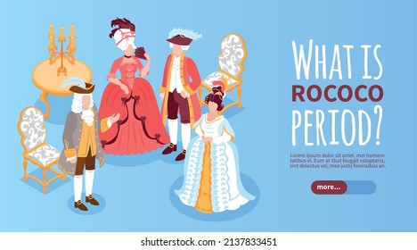 Banner horizontal del periodo Rococo con personajes de dama y cavalier en trajes vintage representando la sociedad aristocrática de la ilustración vectorial isométrica del siglo XVIII