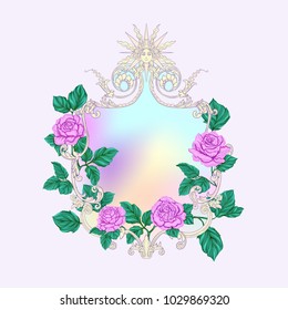 Rococo reach decorative frame with pinkroses and space for text for card, banner, invitation  isolated on white background. Hand drawn colorful vector illustration without transparent and gradients.