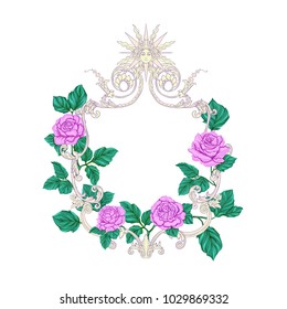 Rococo reach decorative frame with pinkroses and space for text for card, banner, invitation  isolated on white background. Hand drawn colorful vector illustration without transparent and gradients.