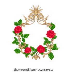 Rococo reach decorative frame with red roses and space for text for card, banner, invitation  isolated on white background. Hand drawn colorful vector illustration without transparent and gradients.