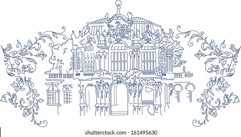 Rococo retro town silhouette with flowers ornate