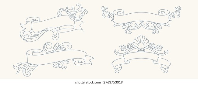 Rococo Ribbon Banner Set with Engraving Scroll Ornament