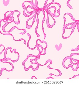 Rococo Ribbon Bow Seamless Pattern. Hand-Drawn Soft and Feminine Pink Background with Hearts. Romantic, Coquette Design. Perfect for a Lovely and Whimsical Valentine’s Day Background