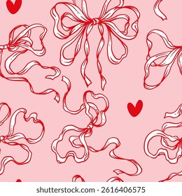 Rococo Ribbon Bow Seamless Pattern. Hand-Drawn Soft and Feminine Pink Background with Hearts. Romantic, Coquette Design. Perfect for a Lovely and Whimsical Valentine’s Day Background