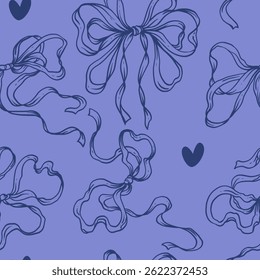 Rococo Ribbon Bow Seamless Pattern. Hand-Drawn Soft and Feminine Blue Background with Hearts. Romantic, Coquette Design. Perfect for a Lovely and Whimsical Valentine’s Day Background