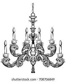 Rococo rich chandelier Vector illustration. Detailed ornaments decor