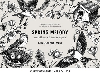 Rococo spring background. Easter frame design template. Hand-drawn flowers, flying birds, blooming cherry vector illustration sketch. NOT AI generated