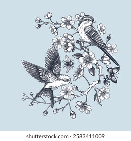 Rococo spring poster template. Japanese art. Sakura, blooming cherry, flying bird hand-drawn illustration. Vector floral design for print. NOT AT generated