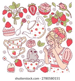 Rococo Strawberry Tea Time, Strawberries Desserts, Summer Fruit Hand Drawn Design Vector
