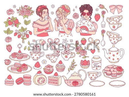 Rococo Strawberry Tea Time, Strawberries Desserts, Summer Fruit Hand Drawn Design Vector