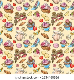 Rococo style cafe breakfast seamless vector pattern. Pastry, coffee, lemon, cupcake, cream, merenghi. Mask and shoes. Fashion illustration for gift wrapping, textile print, wallpaper, menu design.