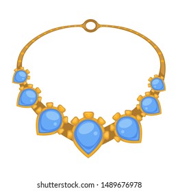 Collar de oro estilo rococó con gemas azules, vector de joyería aislado. Enmarcado dorado con piedras preciosas, accesorios antiguos, joyas antiguas. Orfebre de oro o producto de joyería, rareza costosa antigua