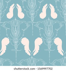 Rococo vector hand drawing illustration. Rococo style pattern. Seamless  pattern on blue background. Wallpaper design.