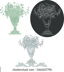 Rococo vector set. Vase and flowers. Isolated on white. Ink hand drawing illustration and color silhouette. For textile, background and other design.