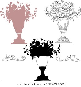 Rococo vector set. Vase and flowers. Isolated on white. Ink hand drawing illustration and color silhouette. For textile, background and other design.