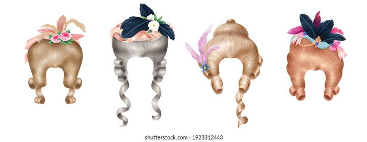 Rococo Women Fashion 18th Century Wigs Styled With Colorful Flowers Feathers Vintage Realistic Background Set Vector Illustration