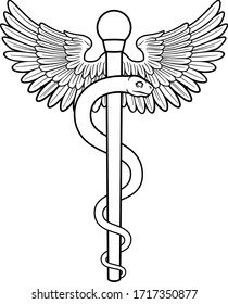 Rod of Asclepius or Aesculapius doctor medical symbol, often mislabelled as a caduceus. Features a snake curled around a staff. Also in this case features wings.