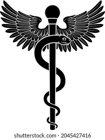 Rod of Asclepius or Aesculapius doctor medical symbol, often mislabelled as a caduceus. Features a snake curled around a staff. Also in this case features wings.