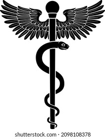 Rod of Asclepius or Aesculapius doctor medical symbol, often mislabelled as a caduceus. Features a snake curled around a staff. Also in this case features wings.