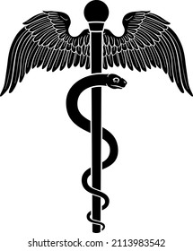 Rod of Asclepius or Aesculapius doctor medical symbol, often mislabelled as a caduceus. Features a snake curled around a staff. Also in this case features wings.