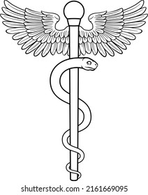 Rod of Asclepius or Aesculapius doctor medical symbol, often mislabelled as a caduceus. Features a snake curled around a staff. Also in this case features wings.