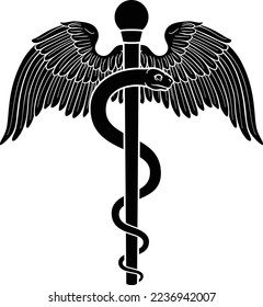 Rod of Asclepius or Aesculapius doctor medical symbol, often mislabelled as a caduceus. Features a snake curled around a staff. Also in this case features wings.