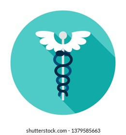 Rod of Asclepius Circle Icon. Vector Illustration with Long Shadow. Medicine Item.