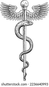 Un Rod de Asclepius doctor símbolo de serpiente médica en un estilo retro grabado vintage