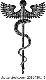 A Rod of Asclepius doctor medical snake symbol in a vintage engraved retro style