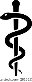 Rod of Asclepius icon flat vector illustration snake and staff symbol black silhouette for medicine and pharmacy design