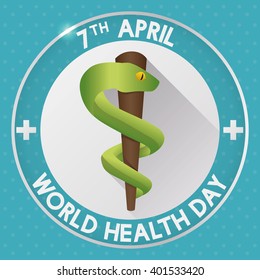 Rod of Asclepius with long shadow effect and text around about Health World Day.