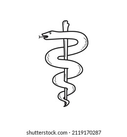 Rod of Asclepius pharmacy black lined vector icon. Health or medicine symbol snake.