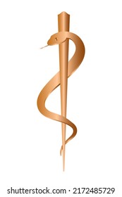 Rod of Asclepius pharmacy icon isolated on white. Symbol for drugstore or medicine, pharmacy snake symbol. Metallic copper design style. Vector Illustration