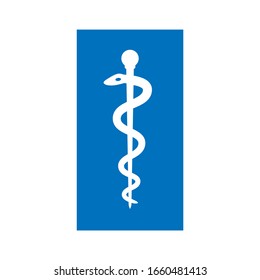 Rod of Asclepius pharmacy white on blue background vector icon. Health or medicine symbol snake.