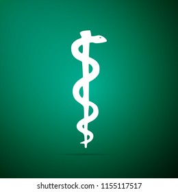 Rod of asclepius snake coiled up silhouette icon on green background. Medicine and health care concept. Emblem for drugstore or medicine, pharmacy snake symbol. Flat design. Vector Illustration