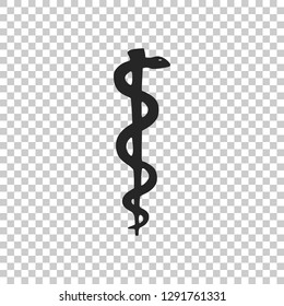 Rod of asclepius snake coiled up silhouette icon on transparent background. Medicine and health care concept. Emblem for drugstore or medicine, pharmacy snake symbol. Flat design. Vector Illustration