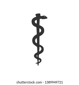 Rod of asclepius snake coiled up silhouette icon. Medicine and health care concept. Emblem for drugstore or medicine, pharmacy snake symbol. Flat design. Vector Illustration