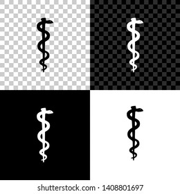 Rod of asclepius snake coiled up silhouette on black, white and transparent background. Medicine and health care concept. Emblem for drugstore or medicine, pharmacy snake symbol. Vector Illustration