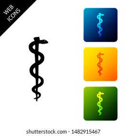 Rod of asclepius snake coiled up silhouette icon. Medicine and health care concept. Emblem for drugstore or medicine, pharmacy snake symbol. Set icons colorful square buttons. Vector Illustration