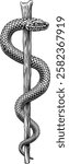 Rod of Asclepius staff medical symbol. Intertwined snake around a rod or wooden staff. Often mistakenly called a Caduceus. Doctor icon for medicine and health care. Vintage woodcut etching style.