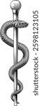 Rod of Asclepius staff medical symbol. Intertwined snake around a rod or wooden staff. Often mistakenly called a Caduceus. Doctor icon for medicine and health care. Vintage woodcut etching style.
