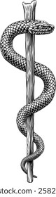 Rod of Asclepius staff medical symbol. Intertwined snake around a rod or wooden staff. Often mistakenly called a Caduceus. Doctor icon for medicine and health care. Vintage woodcut etching style.